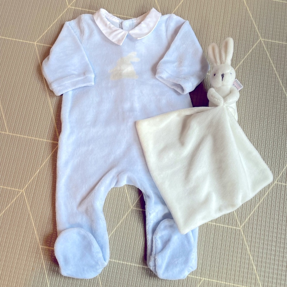 Jacadi  Easter set - blue bunny romper & white bunny lovey